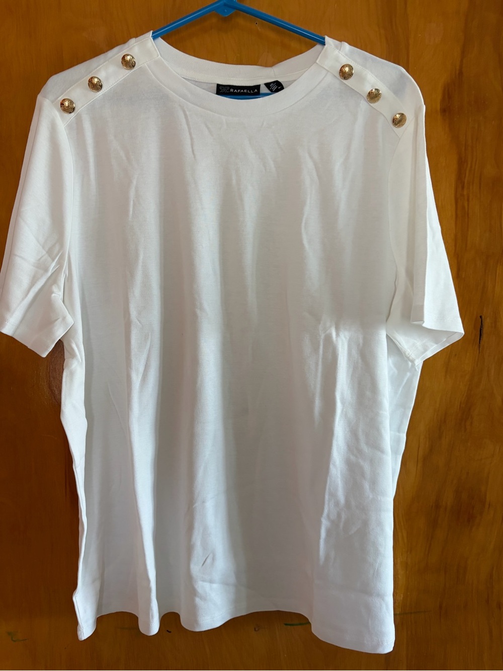 Rafaella White Short-Sleeve Crew with Gold Shoulder Buttons